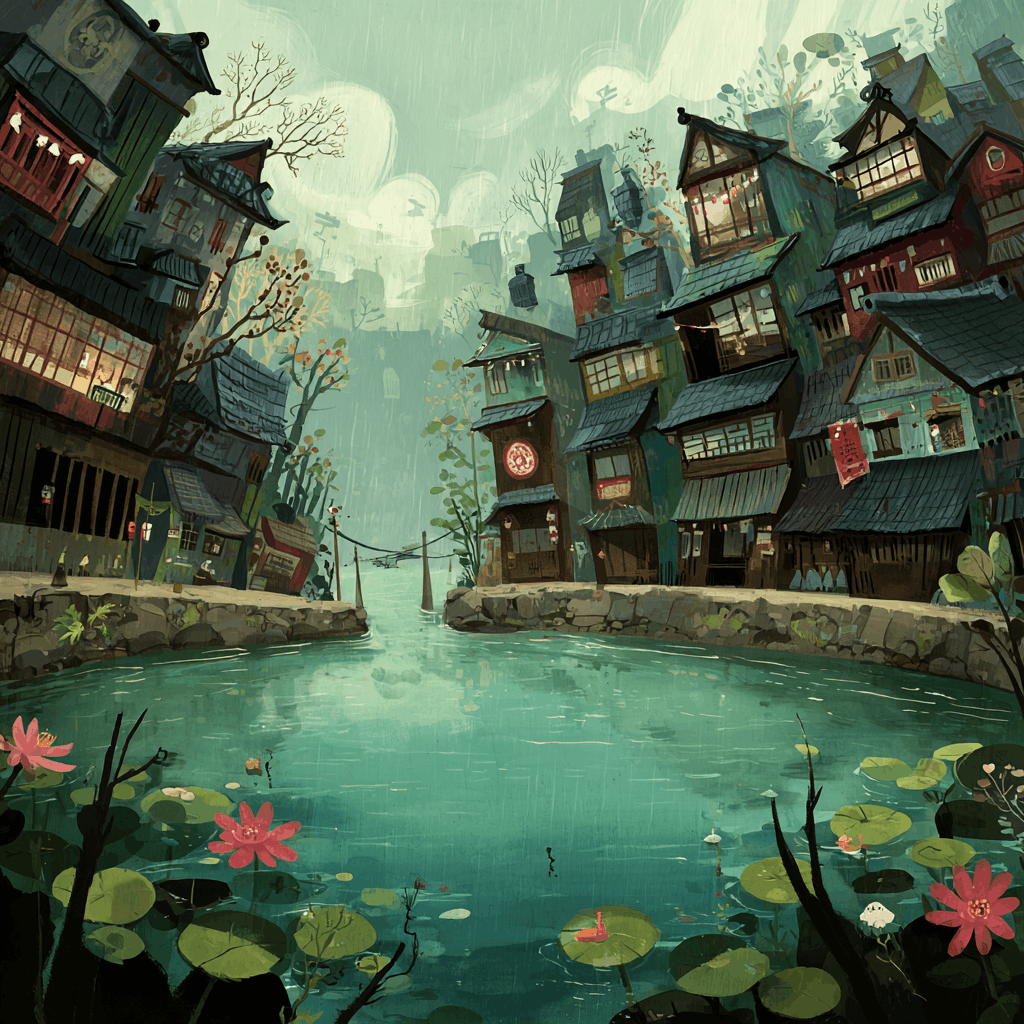 Futamen split by a river: the formal samurai estates and castle of Fuku on one bank, Hakata's neon lanterns and merchant port on the other