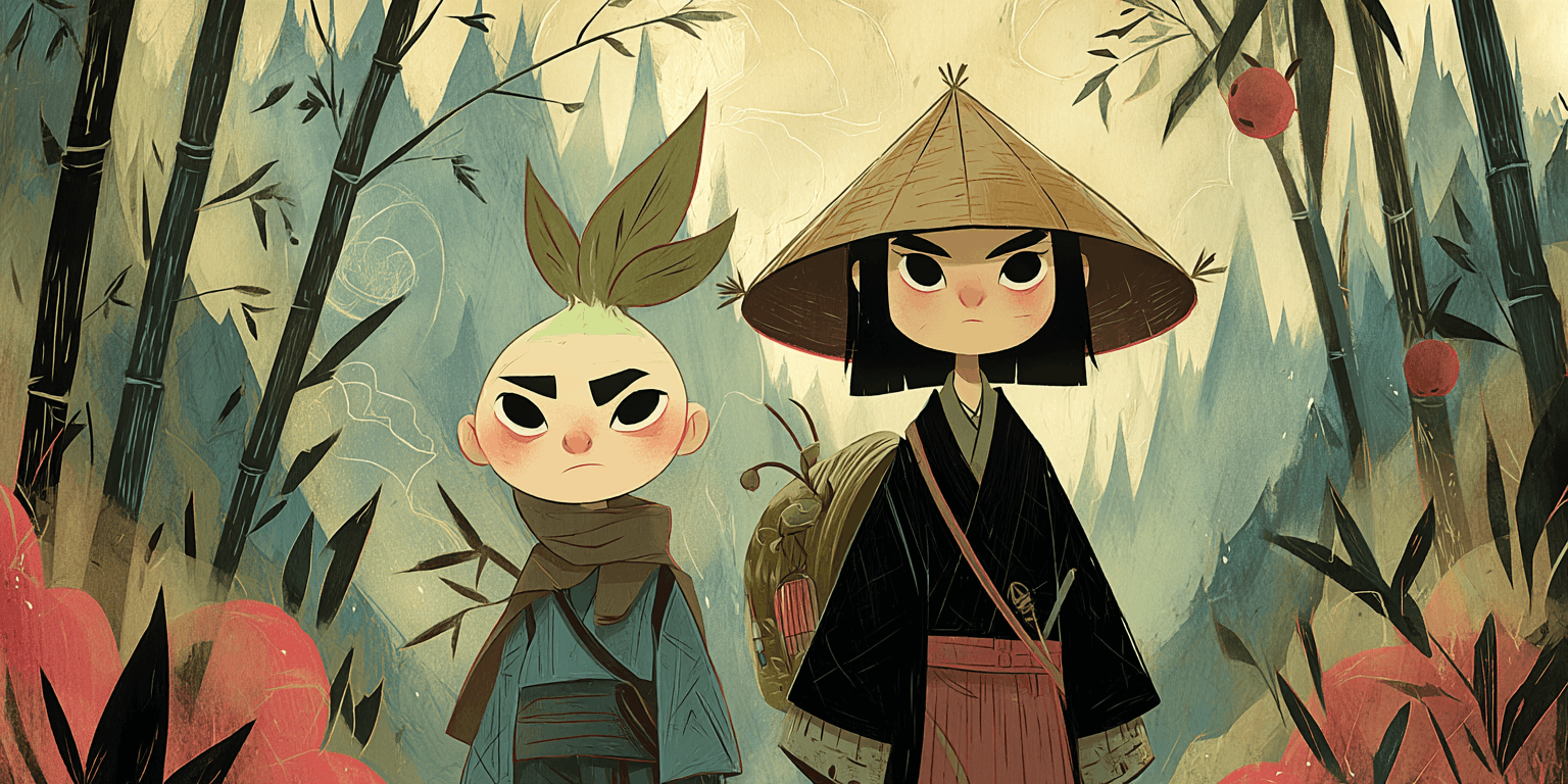 Kabu, a boy with a turnip for a head, and his best friend Kabocha in a painted Edo-period landscape